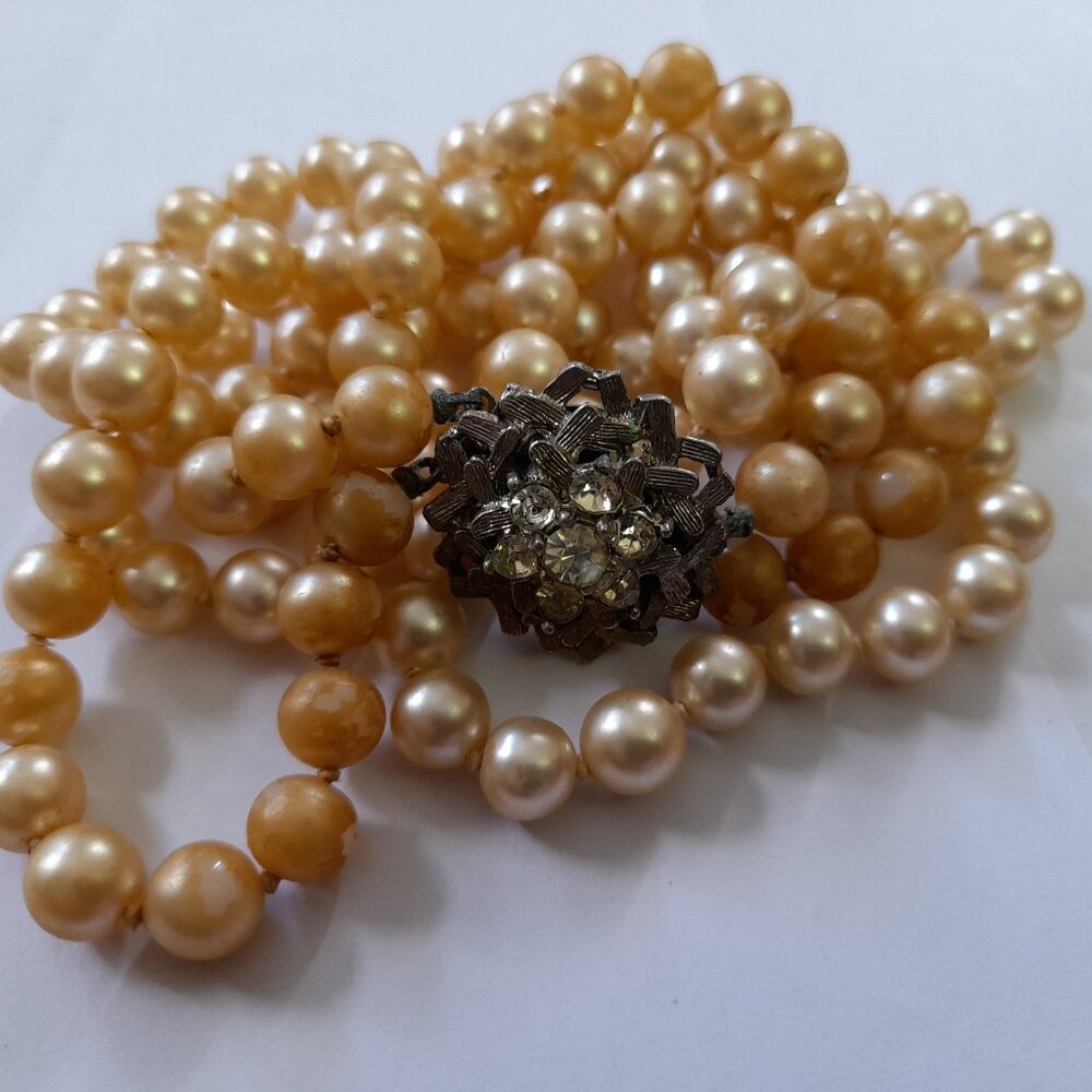 Vintage Rhinestone Clasp Faux Pearl Beaded Necklace 50s 60s Shabby